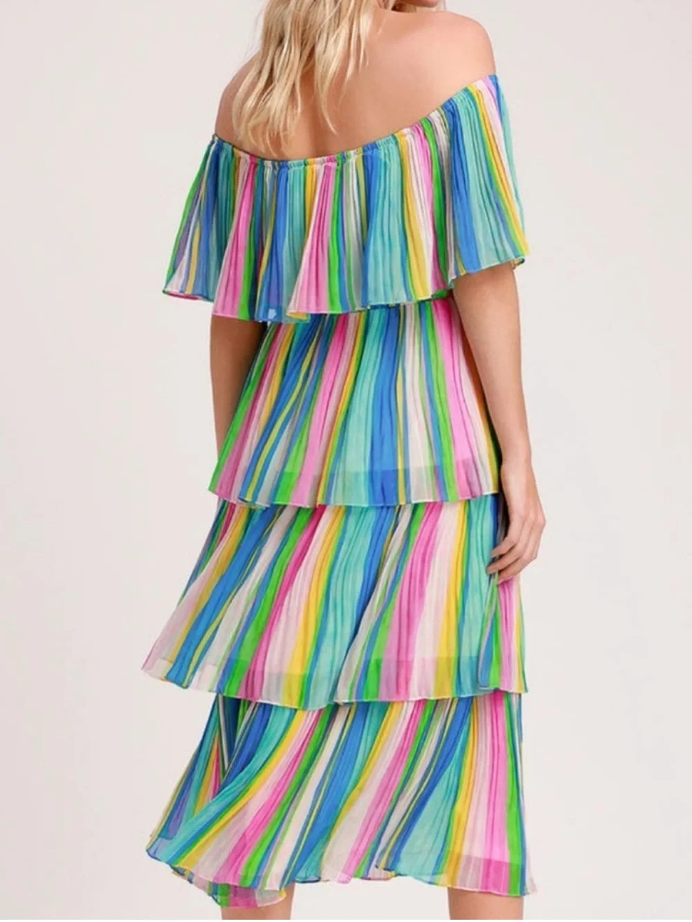 Lulus Gala Ready Multi Stripe Print Off-the-Shoulder Ruffle Midi Dress - Picture 4 of 12